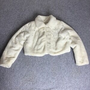 Disney Girls Size 9/10 Cream Faux Fur Jacket Pearl Rhinestone Embellished Ivory